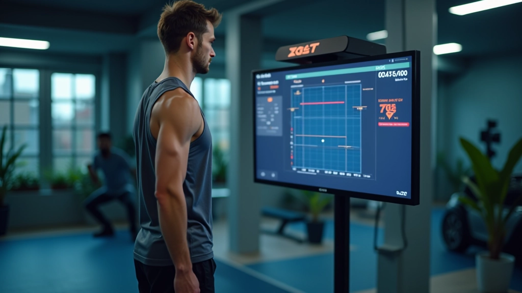 لاعب محترف يقف على Force Plate لقياس قوة القفز مع عرض البيانات على شاشة مجاورة